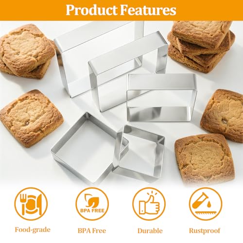 Square Cookie Cutter,5 PCS Stainless Steel Square Biscuit Molds,Pastry Molds Fondant Cake Cookie Cutter Set,Plaque Cookie Cutters - size: Square