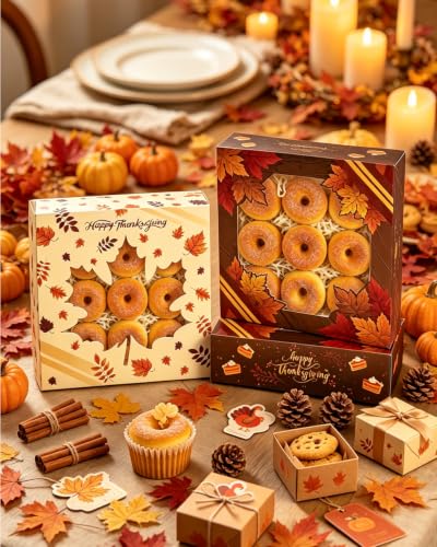 qiqee Thanksgiving Pie Boxes with Window 10x10x2.5 Inch 12Packs Cookie Donut Bakery Box - color: 12Packs, Thanksgiving