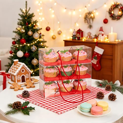20pcs Clear Cupcake Boxes with Handle Women's Day Cupcake Container Transparent Bakery Cake Boxes Plastic Cake Carrier Baked Dessert Box for Wedding Party Favor (red) - color: Red