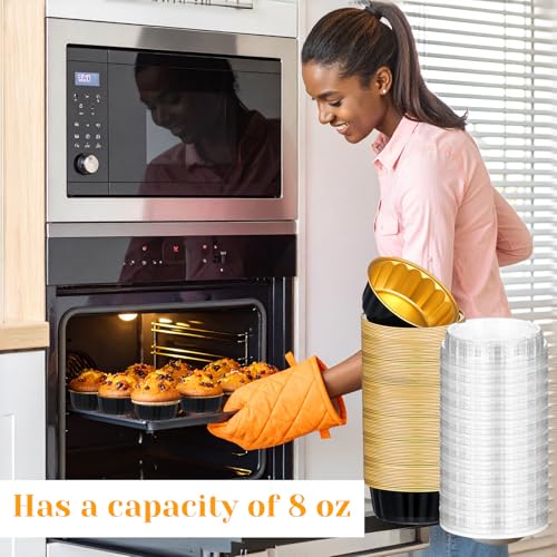 100 Pcs 8 oz Disposable Ramekins with Lids Creme Brulee Ramekins Aluminum Foil Baking Cups for Cupcakes, Cheesecake, Catering, Wedding, Party (Black, Gold)
