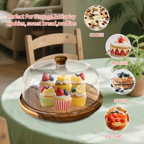Rotating-Wood-Cake-Stand With Acrylic Dome Lid, Round Wooden Cake Holder Plate With Cover, 2-in-1 Dessert Table Display Set For Party, Charcuterie Board For Cheese, Chips & Dips, Nachos, Fruit Platter - size: 11.6''W*7.6''H-Rotating