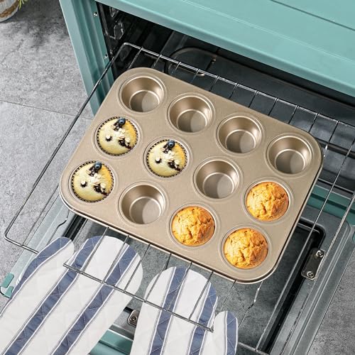 Mini Muffin Pan 2-Pack, Premium Small Cupcake Pans, Carbon Steel 12-Cup Muffin Tin, Versatile Non-Stick Bakeware - color: Gold