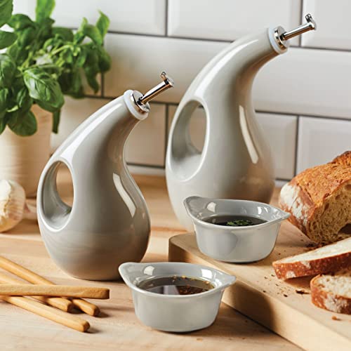 Rachael Ray Serveware Ceramics EVOO and Ramekin Dipper Set, 4 Piece, Light Sea Salt Gray - color: Light Sea Salt Gray