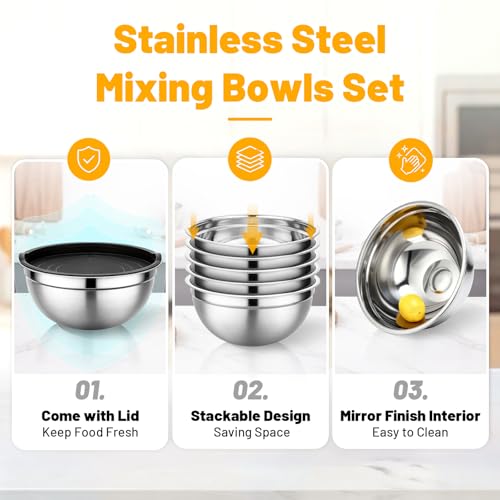 Beasea Mixing Bowls with Lids Set of 5, 4 QT Metal Stainless Steel Nesting Mixing Bowls with Lids, for Baking, Dough Bread Prepping, Salad, Food Serving and Kitchen Storing - size: 4 QT