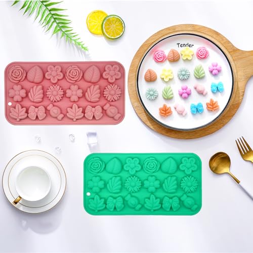 Candy Molds Silicone - 2Pcs Silicone Gummy Daisy Flower/Tulip Flower/Bow Tie/Leaf Candy Mold for Candy Chocolate Gummy Jello Baking Soap Pudding Cookie Desserts Making - color: Small Flower Molds
