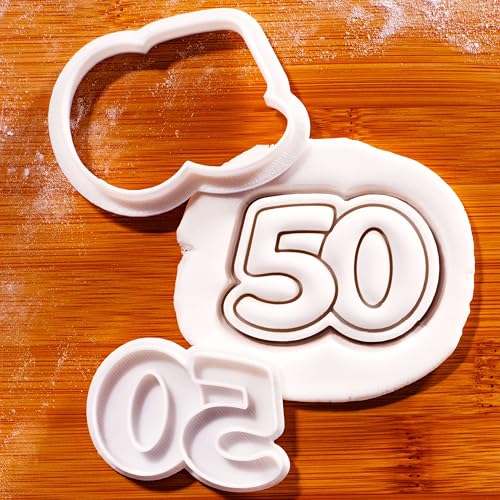 BAKERLOGY Number 50 Mini Cookie Cutter & Stamp Set – Double Digit Milestone Baking Tool for 50th Birthday, Anniversary & Special Celebrations Cupcake Topper & Fondant Cake Decoration