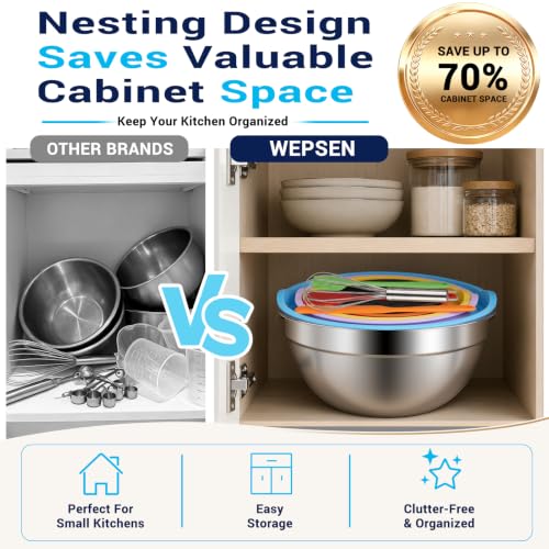 WEPSEN Mixing Bowls with Lid Set, 25PCS Kitchen Utensils Metal Bowl Stainless Steel Nesting Bowls, Measuring Cups and Spoons, Egg Whisk for Baking Prepping Cooking Serving Supplies - color: Colorful Bowls Set