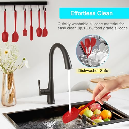 Silicone Spatula Set 6 Pack Food Grade Kitchen Utensils with Silicone Brush - color: Red