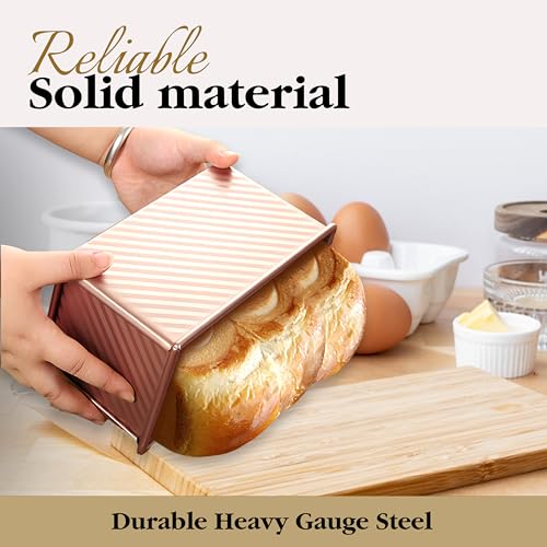 Pullman Loaf Pan with Lid, 1 lb Dough Capacity Non-Stick Bread Pan for Baking Bread, Carbon Steel Corrugated Bread Toast Box Mold with Cover for Baking Bread, Gold