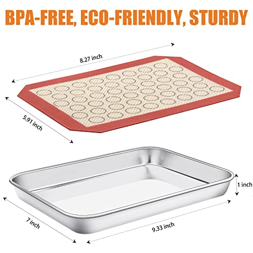 Baking Sheet with Silicone Mat Set of 4 [2 Sheets + 2 Mats], Deedro Stainless Steel Cookie Sheet Baking Pan with Silicone Baking Mat, 9 x 7 x 1 Inch, Non Toxic, Heavy Duty, Easy Clean - size: 9 inch