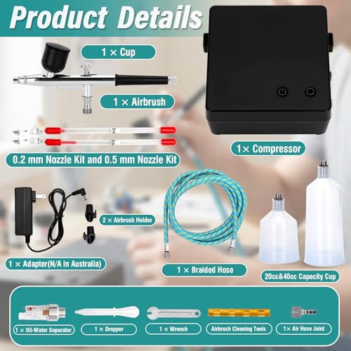Airbrush Kit with Compressor, Includes 3 Nozzles and Cleaning Kit