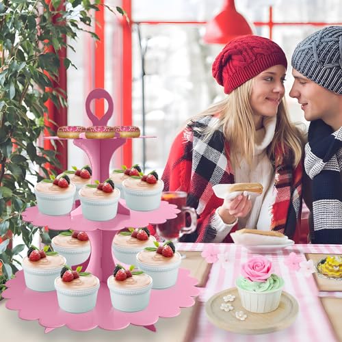 Pink Cupcake Stand 3-Tier, Cardboard Dessert Display Tower, 1-Pack - color: Pink 1 Pack