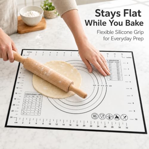 Silicone Pastry Mat for Rolling Dough Non Slip, 2-Pack Non-Stick Dough Rolling Mat with Measurements, Heat Resistant Baking Mat for Making Pie Crusts, Sourdough Bread, Cookies