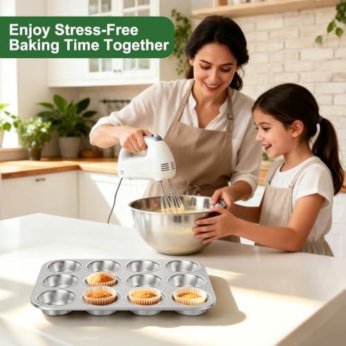 12-Cup Stainless Steel Muffin Pan, Cupcake Pan Metal Muffin Baking Tins for Oven & Dishwasher Safe, Cupcake Pans for Baking Non-toxic & Easy Clean Set of 2 ﻿