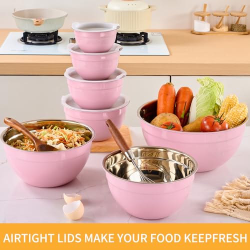 Pink Mixing Bowls with Airtight Lids, Stainless Steel Nesting Mixing Bowls Set of 7, Ideal for Baking, Prepping and Serving Food, Size 7, 3.6, 2.7, 2.1, 1.5, 1.1,0.8 QT, Stackable Design - color: Pink, size: 7 Pieces