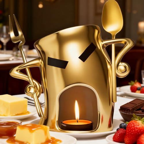 Golden Ceramic Fondue Cup Set w/Built-In Fork & Spoon
