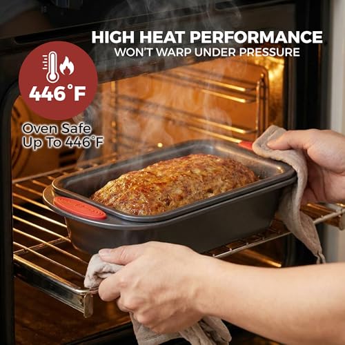 PERLLI Nonstick Meatloaf Pan with Drain Tray, Elevated Inner Pan for Fat and Grease Removal, Easy Grip Silicone Handles, Dishwasher Safe with Heavy-Duty Carbon Steel Bakeware for Even Heating (Gray) - color: Gray