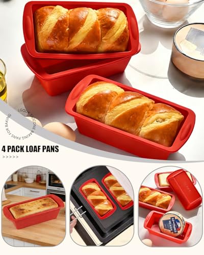 Silicone Bread Loaf Pan, Non-Stick Bread Pans for Baking,Flexible Silicone Baking Molds for Bread, Cake, Meatloaf (4PCS-Red) - color: 4PCS-Red