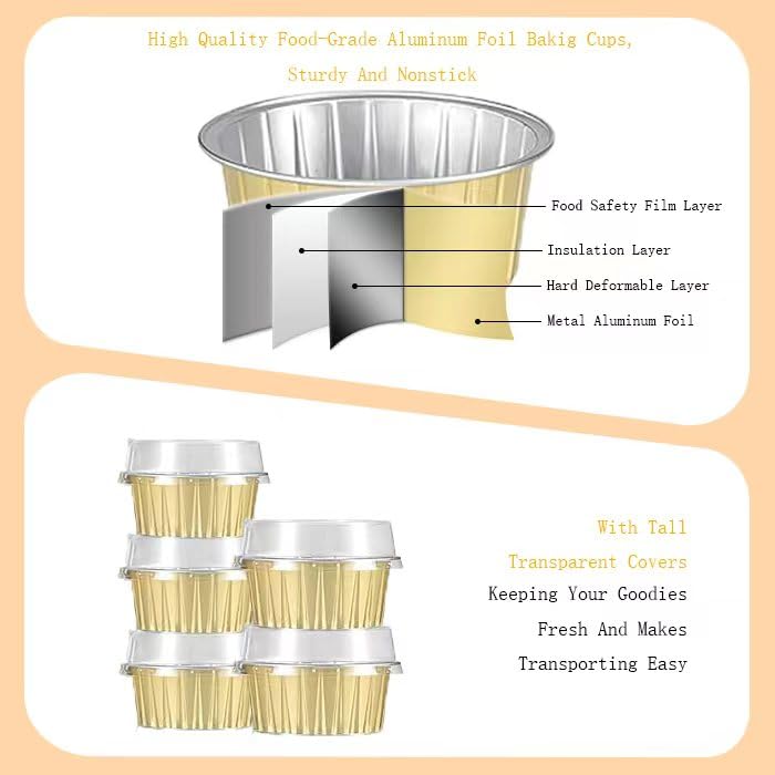 50pcs Aluminum Foil Baking Cups with Lids, 5oz Disposable Ramekins Cupcake Liners, Tart Pie Tin Pan Holder, Mini Cake Containers for Pudding, Souffle, Party, Wedding (Gold)