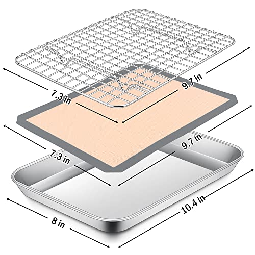 P&P CHEF 10.4 x 8 x 1 Inch Toaster Oven Pan Tray with Rack and Mat - 3Pcs - size: 10.4 x 8 x 1 Inch