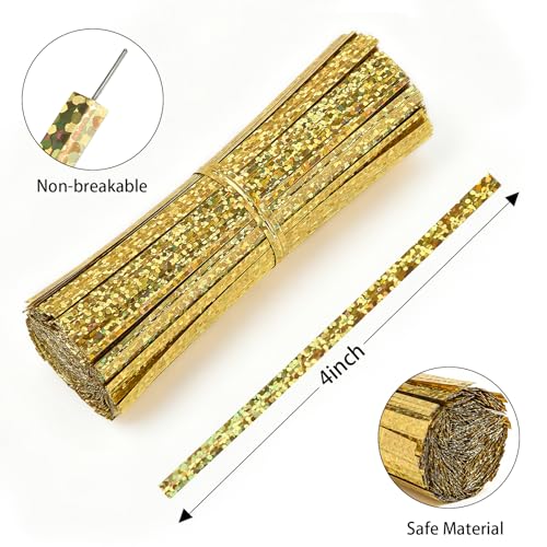 Tangyinrd 500PCS 4 Inch Gold Metallic Twist Ties, Shiny Reusable Bag Ties for Bakery, Candy Bags, Coffee Bags, Goodie Bags, Crafts & Party Decorations - color: Gold