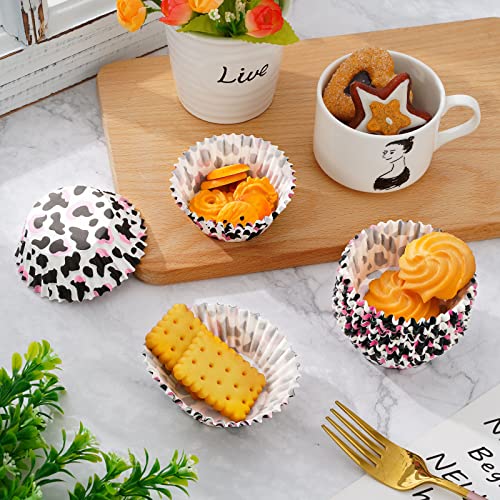 Waline 300 Pcs Cow Print Cupcake Liners 2 x 1.2 Inch Black Pink Animal Print Paper Baking Cups Muffin Liner Cake Storage Container for Baby Shower Birthday Wedding Party Supplies - style: Black Pink Cow Print