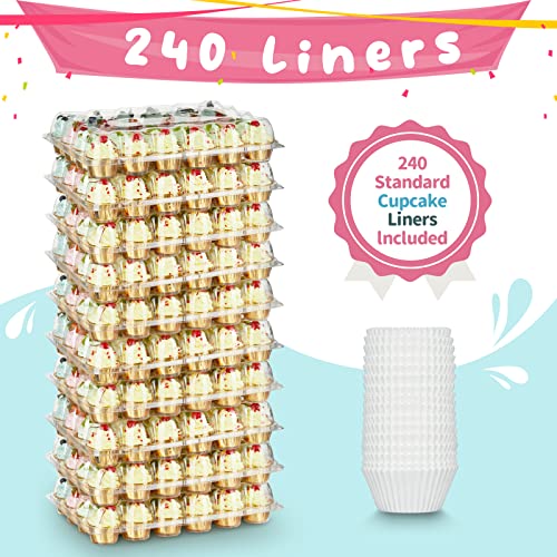 Gencywe (24 Pack x 10 Sets) Stackable Cupcake Carrier Holders with 240 Pack Cupcake Liners, Plastic Cupcake Boxes Holders for 24 Cupcakes, High Tall Dome Lid Cupcake Containers, Clear Cupcake Trays