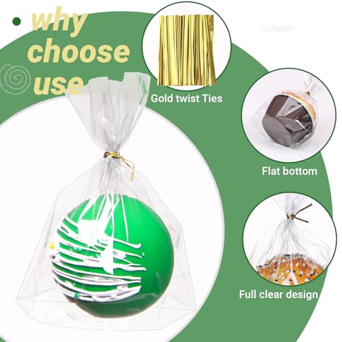 200 Pack 5"×2"x6.5" Cellophane Muffin Bags with Gold Twist Ties Flat Bottom - size: 5"×2"x6.5"