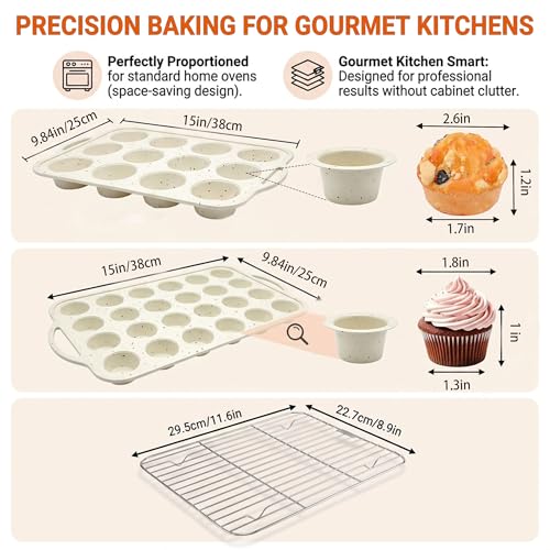 Silicone Muffin Pan Set, 12-Cup Muffin Tin and 24-Cup Mini Muffin Pan with Integrated Steel Frame, 304 Stainless Steel Cooling Rack, Nonstick Cupcake & Egg Bites Baking Set