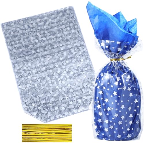 50pcs 9x12 inch Bottom Gusset Silver Star Printed Clear Cellophane Gift Wrap Bags with 5" Twist Ties - color: Silver Star, size: 9X12inch(50 Pcs)
