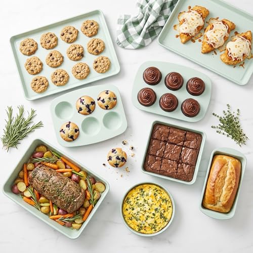 Larder & Vine 8-Piece Stackable Bakeware Set, Ceramic-Coated Nonstick Baking Pan Set, Non-Toxic, with Baking Sheets, Muffin Pan, Loaf Pan & Cake Pans, Sage - color: Sage