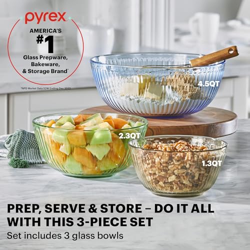 Pyrex Colors Tinted (3 Piece) Small/Medium/Large Glass Mixing Bowls - color: Clear, size: 3-Pack, Small/Medium/Large, Unlidded