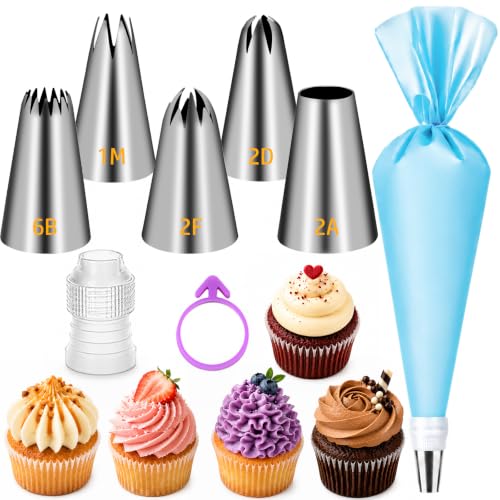 Suuker Large Piping Tips Set, 1M 2D 2F 6B 2A with Reusable Bag
