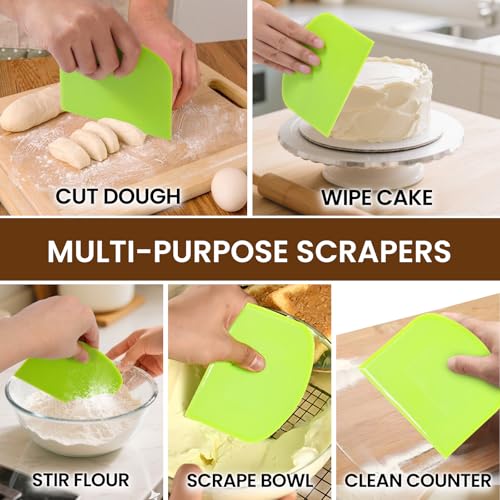 SCHVUBENR Dough Scraper Set with 2 Flexible Bowl Scrapers - Stainless Steel Dough Cutter & Bench Scraper with Measuring Scale - Versatile Kitchen Scraper for Bread, Pastry, Pizza, Cake - Black & Green - color: Black/Green