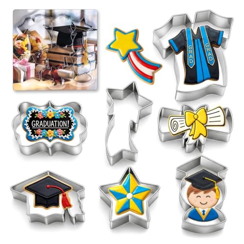 Graduation Cookie Cutters Set of 7, Stainless Steel, Cap Gown Diploma Graduate Star Shapes, for Graduation Celebration Party