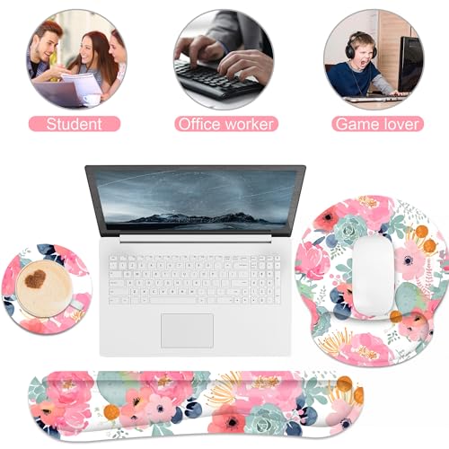 Ergonomic Mouse Pad with Wrist Rest and Keyboard Wrist Rest, Mousepad - color: Pink Floral
