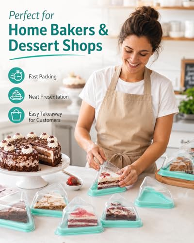 50 Pack Cake Slice Containers with Pink Base & Clear Lids - Disposable Triangle Cheesecake Boxes for Pie, Dessert, Pastry - Individual Plastic Slice Holders with Stickers (Green) - color: Green