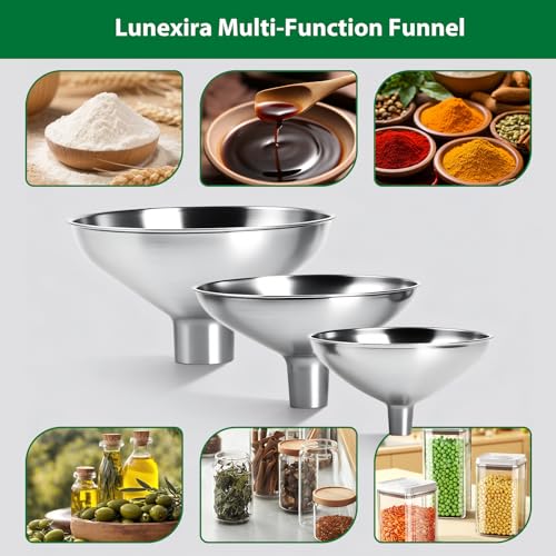 3-Piece Stainless Steel Kitchen Funnel Set, Includes 3 Sizes for transferring seasonings, Oils, Liquids, Dry Goods and Powders. Durable and Reusable, with Easy Cleaning.