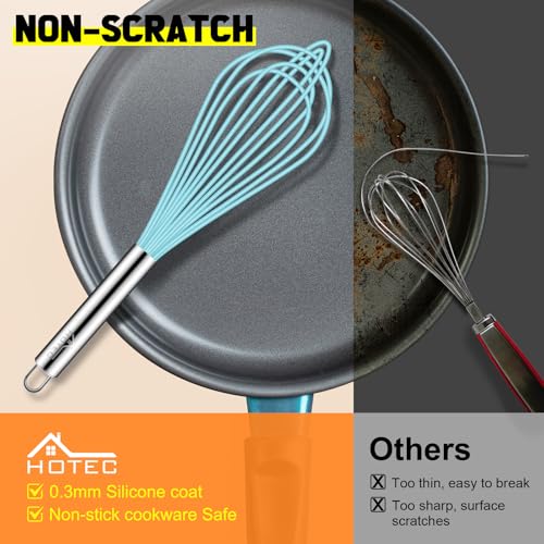 HOTEC 4Pcs Silicone Whisk Set, Wire Balloon Whisks for Cooking Egg Beater - color: Blue,Silver