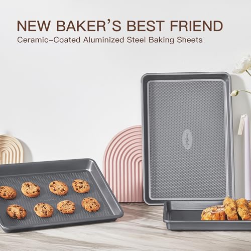 HONGBAKE 3 Pack Nonstick Ceramic Baking Sheet Pan Set for Oven, Non-Toxic Half/Quarter/Jelly Roll Pans with Diamond Texture, 0.8mm Aluminized Steel Cookie Trays for Cooking, Charcoal Gray - color: Charcoal Gray (0.8mm Aluminized Steel & Ceramic Coating)