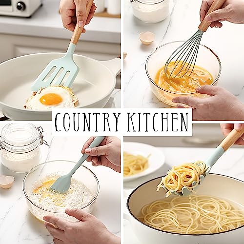 Country Kitchen Non Stick Silicone Utensil Set with Rounded Wood Handles for Cooking and Baking, 14 Piece Set, Mint - color: Mint, size: 14 Piece Set