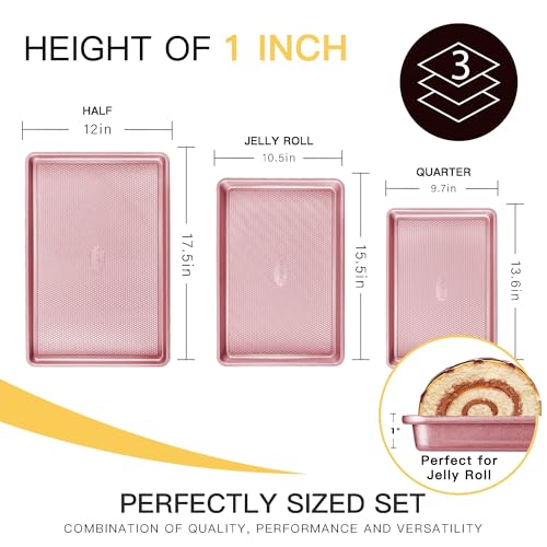 HONGBAKE Baking Sheet Pan Set, Cookie Sheets for Oven, Nonstick Half/Quarter/Jelly Roll Pans with Diamond Texture Pattern, Heavy Duty Cookie Tray, Pink - color: Pink (Carbon Steel)