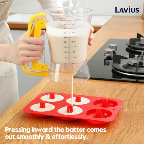 Pancake Batter Dispenser 5-Cup Batter Pourer for Maker Pancakes, Waffles, Crepes, Muffins, Cupcakes, Easy Squeeze Grip Handle with Proof Nozzle, Precise Baking Tools（Yellow） - color: Yellow
