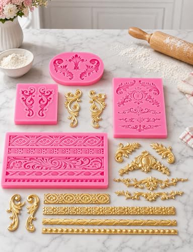 4 Pcs Baroque Style Silicone Molds, 3D Curlicues Scroll Lace Fondant Molds