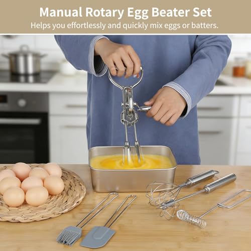 Rotary Egg Beater Set, Manual Rotating Beater with Mixer, Spring Whisk, Semi-automatic Whisk, Silicone Brush, and Spatula, Household Double-head Hand Push Ehisk Accessories