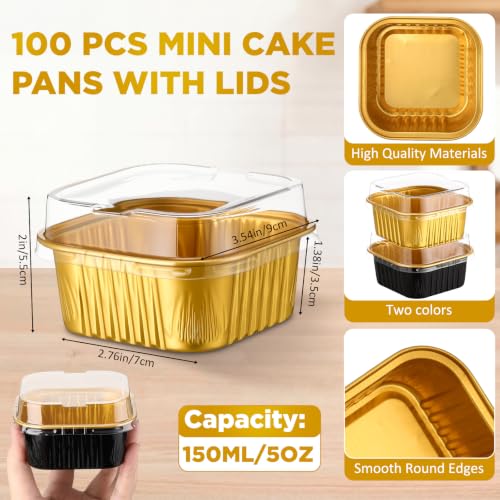 Skylety 100 Pcs 5oz Mini Square Cake Pans with Lids, Gold, Black - color: Gold,Black