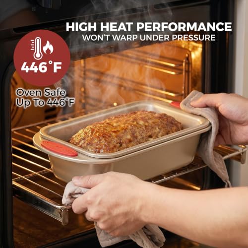 PERLLI Nonstick Meatloaf Pan with Drain Tray, Elevated Inner Pan for Fat and Grease Removal, Easy Grip Silicone Handles, Dishwasher Safe with Heavy-Duty Carbon Steel Bakeware for Even Heating (Brown) - color: Brown