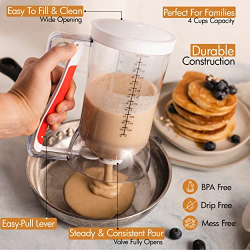 Mess-Free Pancakes Pourer & Cupcake Batter Dispenser | 4 Cup Capacity | Precision Pour Control & Easy-Squeeze Handle | BPA-Free Kitchen Tool for Waffles, Crepes & Muffins - color: White