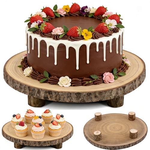 Wood Cake Stand with 4 Legs, 10-11 Inch Natural Rustic Wooden Cake Slice