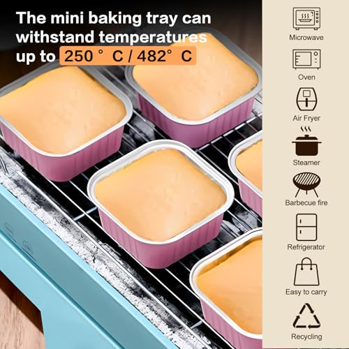 Mini Cake Pans With Lids 5oz, 50 Pack Mini Loaf Pans with Lids, Aluminum Foil Baking Cups, Disposable Square Brownie Baking Cupcake, Dessert Cups for Wedding, Birthday, Party, Picnics (Pink) - color: Pink, size: 5oz